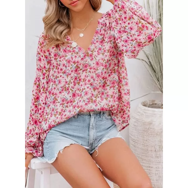 Dokotoo Women's Casual Boho Floral Print V Neck Long Sleeve T Shirt Blouses