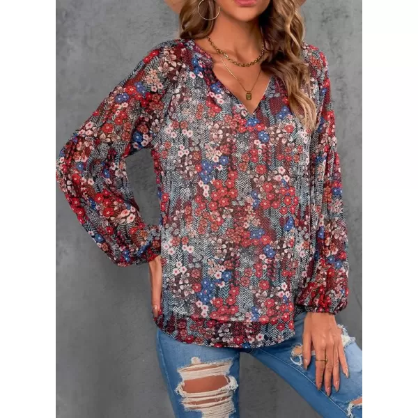 Dokotoo Women's Casual Boho Floral Print V Neck Long Sleeve T Shirt Blouses
