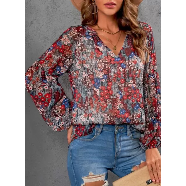 Dokotoo Women's Casual Boho Floral Print V Neck Long Sleeve T Shirt Blouses