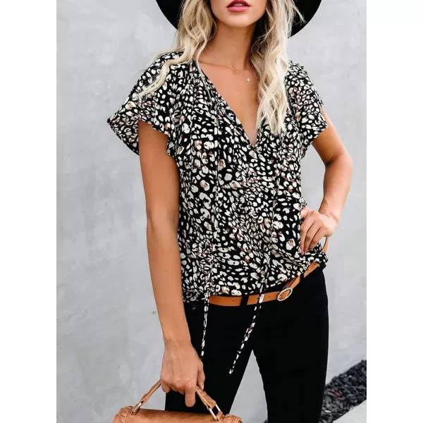 Dokotoo Women's Casual Boho Floral Printed V Neck Tops Drawstring Short Long Sleeve T Shirt Blouses