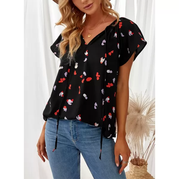 Dokotoo Women's Casual Boho Floral Printed V Neck Tops Drawstring Short Long Sleeve T Shirt Blouses