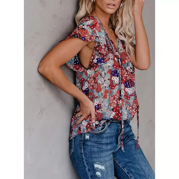 Dokotoo Women's Casual Boho Floral Printed V Neck Tops Drawstring Short Long Sleeve T Shirt Blouses