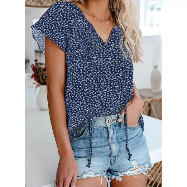 Dokotoo Women's Casual Boho Floral Printed V Neck Tops Drawstring Short Long Sleeve T Shirt Blouses