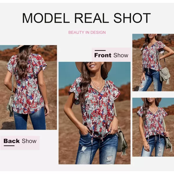 Dokotoo Women's Casual Boho Floral Printed V Neck Tops Drawstring Short Long Sleeve T Shirt Blouses