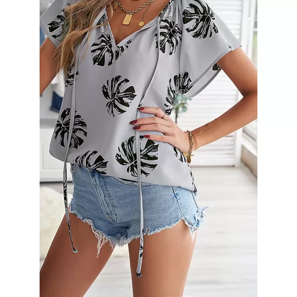 Dokotoo Women's Casual Boho Floral Printed V Neck Tops Drawstring Short Long Sleeve T Shirt Blouses