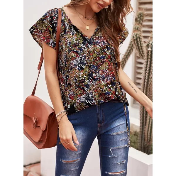 Dokotoo Women's Casual Boho Floral Printed V Neck Tops Drawstring Short Long Sleeve T Shirt Blouses