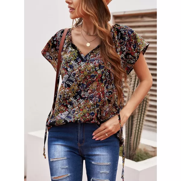 Dokotoo Women's Casual Boho Floral Printed V Neck Tops Drawstring Short Long Sleeve T Shirt Blouses