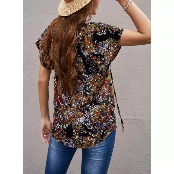 Dokotoo Women's Casual Boho Floral Printed V Neck Tops Drawstring Short Long Sleeve T Shirt Blouses