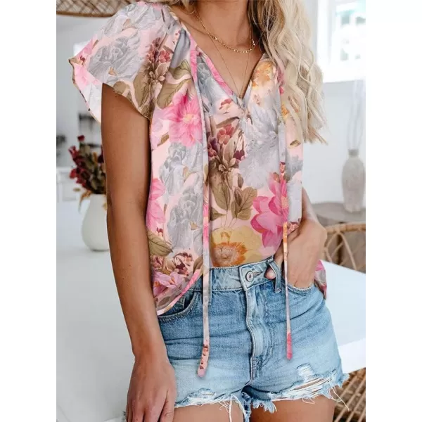 Dokotoo Women's Casual Boho Floral Printed V Neck Tops Drawstring Short Long Sleeve T Shirt Blouses