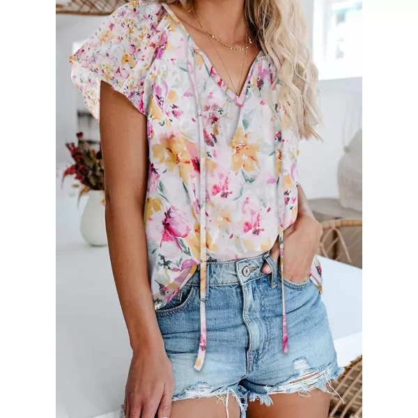 Dokotoo Women's Casual Boho Floral Printed V Neck Tops Drawstring Short Long Sleeve T Shirt Blouses