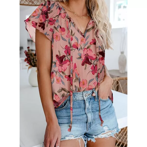 Dokotoo Women's Casual Boho Floral Printed V Neck Tops Drawstring Short Long Sleeve T Shirt Blouses