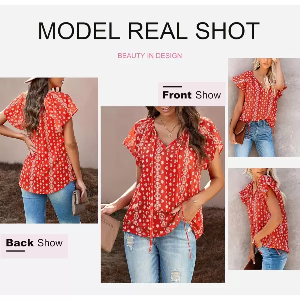 Dokotoo Women's Casual Boho Floral Printed V Neck Tops Drawstring Short Long Sleeve T Shirt Blouses