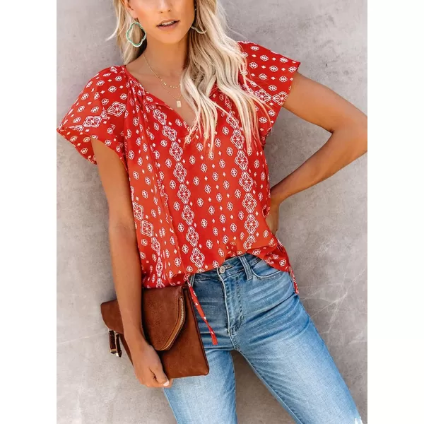 Dokotoo Women's Casual Boho Floral Printed V Neck Tops Drawstring Short Long Sleeve T Shirt Blouses