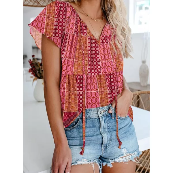 Dokotoo Women's Casual Boho Floral Printed V Neck Tops Drawstring Short Long Sleeve T Shirt Blouses