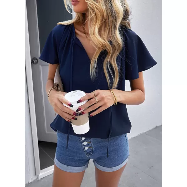 Dokotoo Women's Casual Boho Floral Printed V Neck Tops Drawstring Short Long Sleeve T Shirt Blouses