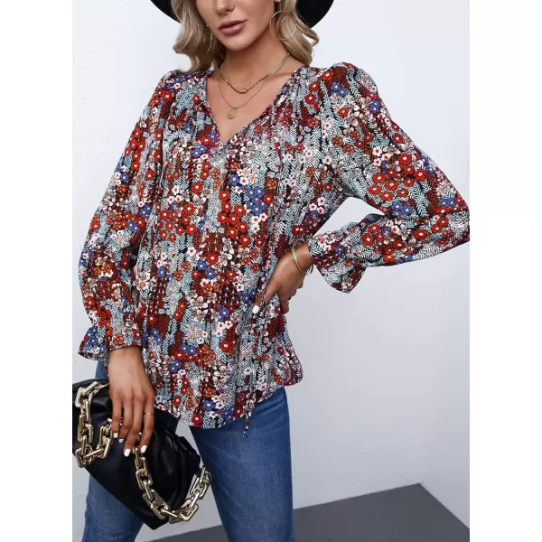 Dokotoo Women's Casual Boho Floral Printed V Neck Tops Drawstring Short Long Sleeve T Shirt Blouses