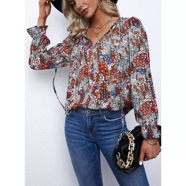 Dokotoo Women's Casual Boho Floral Printed V Neck Tops Drawstring Short Long Sleeve T Shirt Blouses