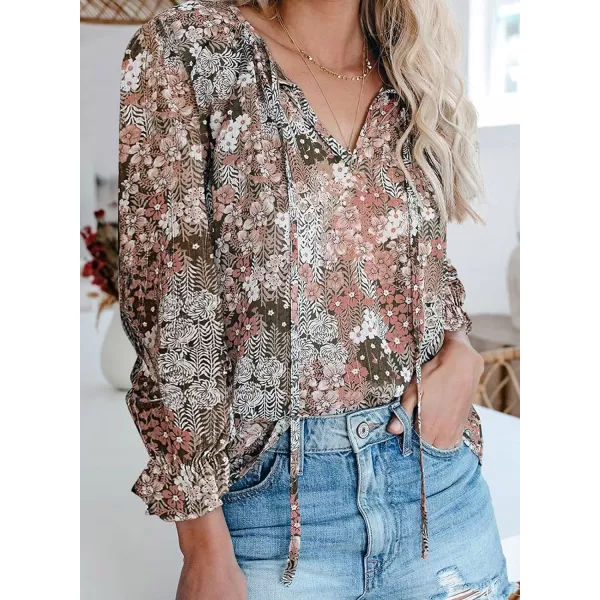 Dokotoo Women's Casual Boho Floral Printed V Neck Tops Drawstring Short Long Sleeve T Shirt Blouses