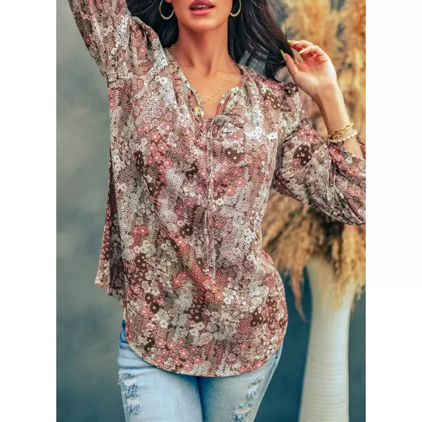 Dokotoo Women's Casual Boho Floral Printed V Neck Tops Drawstring Short Long Sleeve T Shirt Blouses