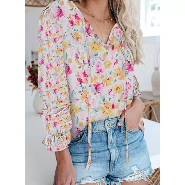 Dokotoo Women's Casual Boho Floral Printed V Neck Tops Drawstring Short Long Sleeve T Shirt Blouses
