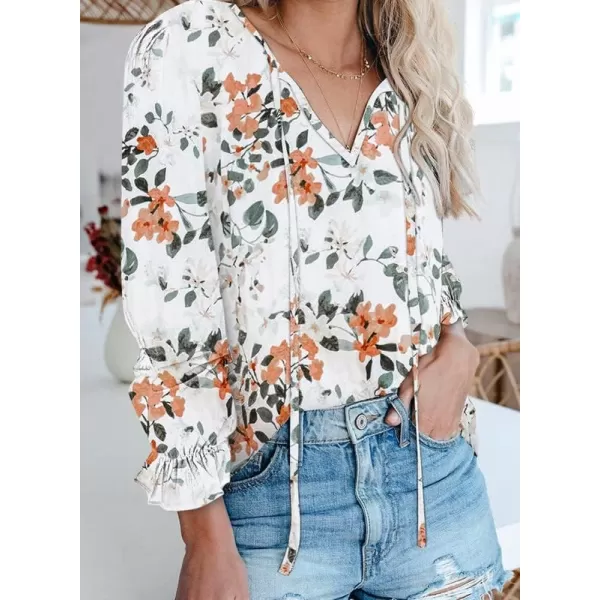 Dokotoo Women's Casual Boho Floral Printed V Neck Tops Drawstring Short Long Sleeve T Shirt Blouses