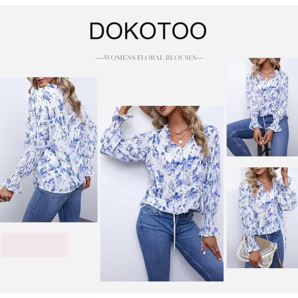 Dokotoo Women's Casual Boho Floral Printed V Neck Tops Drawstring Short Long Sleeve T Shirt Blouses