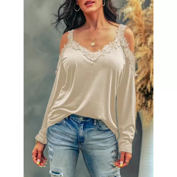 Dokotoo Women's Casual Loose Cold Shoulder Tops Halter Neck Hollowed Out Long Sleeve Shirts
