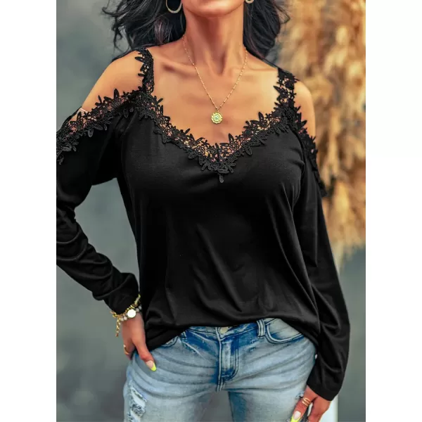 Dokotoo Women's Casual Loose Cold Shoulder Tops Halter Neck Hollowed Out Long Sleeve Shirts