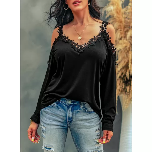 Dokotoo Women's Casual Loose Cold Shoulder Tops Halter Neck Hollowed Out Long Sleeve Shirts