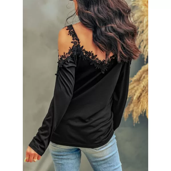 Dokotoo Women's Casual Loose Cold Shoulder Tops Halter Neck Hollowed Out Long Sleeve Shirts