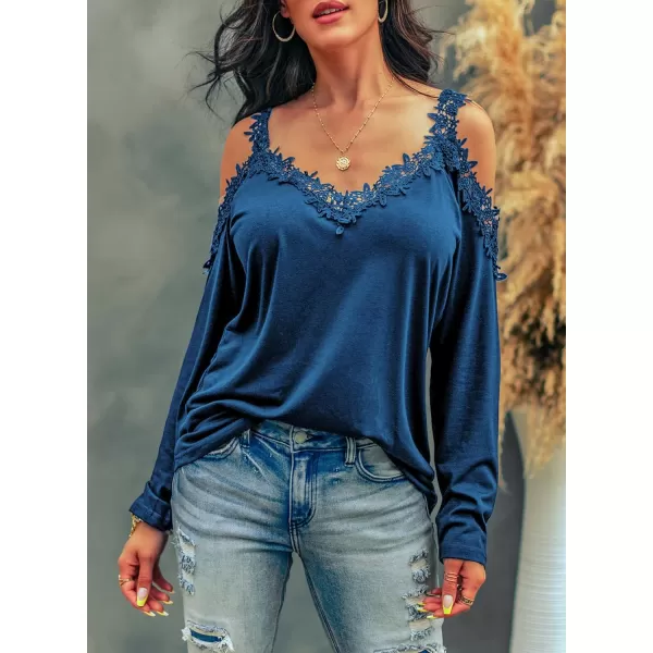 Dokotoo Women's Casual Loose Cold Shoulder Tops Halter Neck Hollowed Out Long Sleeve Shirts
