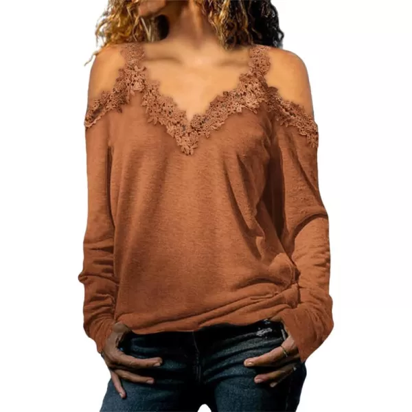 Dokotoo Women's Casual Loose Cold Shoulder Tops Halter Neck Hollowed Out Long Sleeve Shirts
