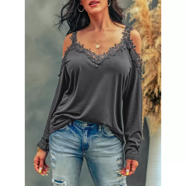 Dokotoo Women's Casual Loose Cold Shoulder Tops Halter Neck Hollowed Out Long Sleeve Shirts