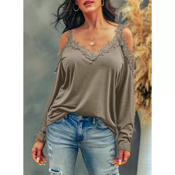 Dokotoo Women's Casual Loose Cold Shoulder Tops Halter Neck Hollowed Out Long Sleeve Shirts