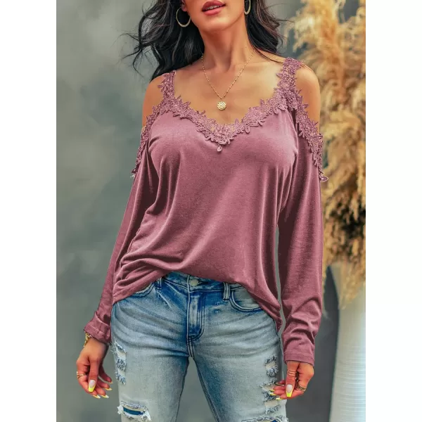 Dokotoo Women's Casual Loose Cold Shoulder Tops Halter Neck Hollowed Out Long Sleeve Shirts