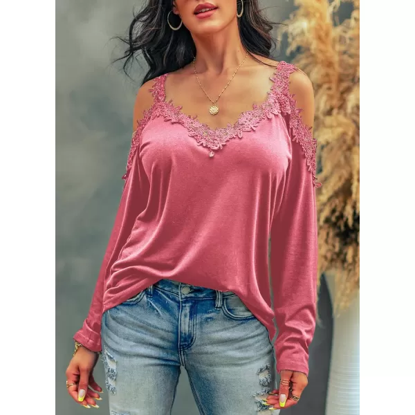 Dokotoo Women's Casual Loose Cold Shoulder Tops Halter Neck Hollowed Out Long Sleeve Shirts