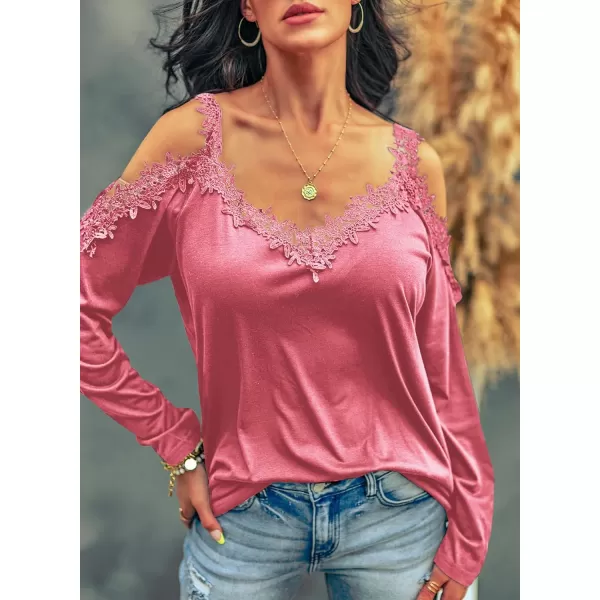 Dokotoo Women's Casual Loose Cold Shoulder Tops Halter Neck Hollowed Out Long Sleeve Shirts