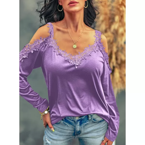 Dokotoo Women's Casual Loose Cold Shoulder Tops Halter Neck Hollowed Out Long Sleeve Shirts