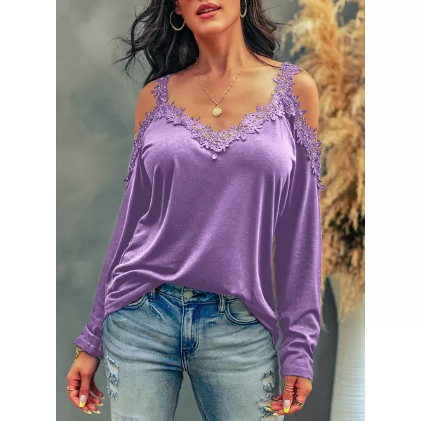 Dokotoo Women's Casual Loose Cold Shoulder Tops Halter Neck Hollowed Out Long Sleeve Shirts