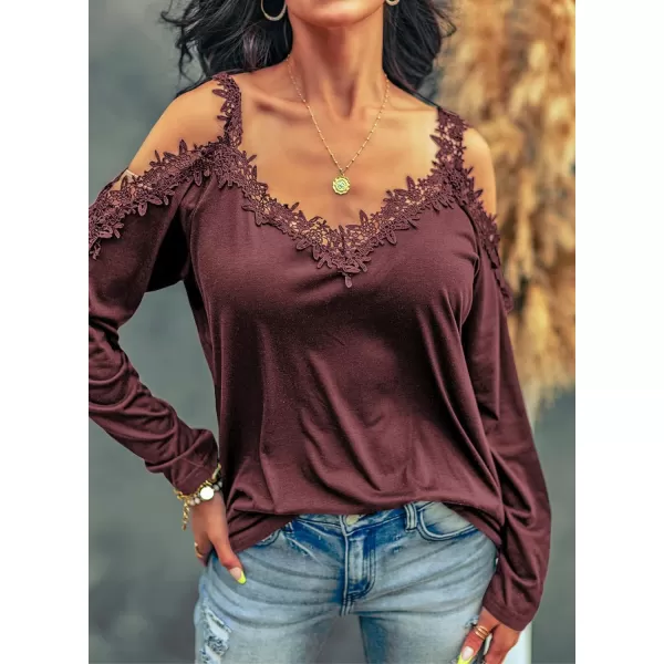 Dokotoo Women's Casual Loose Cold Shoulder Tops Halter Neck Hollowed Out Long Sleeve Shirts
