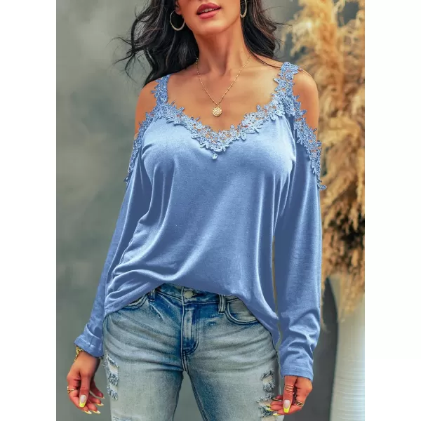 Dokotoo Women's Casual Loose Cold Shoulder Tops Halter Neck Hollowed Out Long Sleeve Shirts