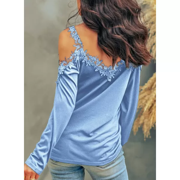 Dokotoo Women's Casual Loose Cold Shoulder Tops Halter Neck Hollowed Out Long Sleeve Shirts