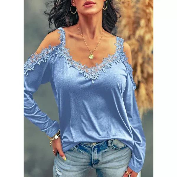 Dokotoo Women's Casual Loose Cold Shoulder Tops Halter Neck Hollowed Out Long Sleeve Shirts