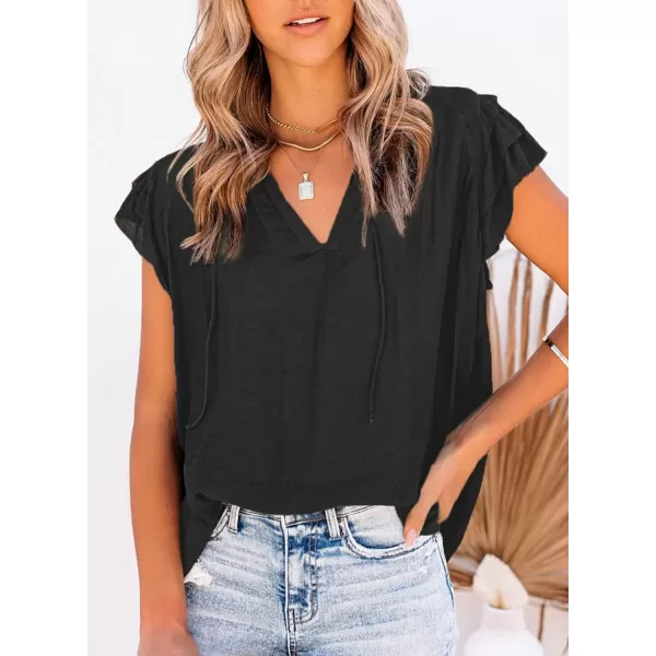 Dokotoo Women's Casual V Neck Tops Drawstring Short Sleeve T Shirt Blouses
