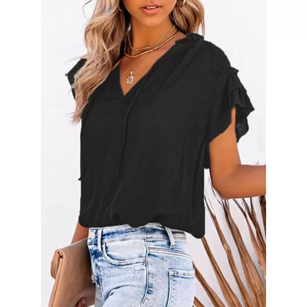Dokotoo Women's Casual V Neck Tops Drawstring Short Sleeve T Shirt Blouses