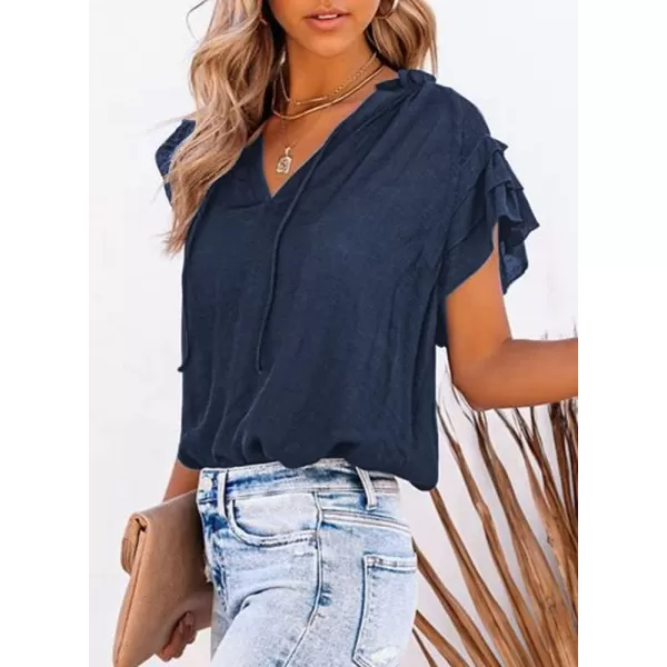 Dokotoo Women's Casual V Neck Tops Drawstring Short Sleeve T Shirt Blouses