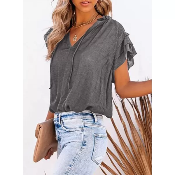 Dokotoo Women's Casual V Neck Tops Drawstring Short Sleeve T Shirt Blouses