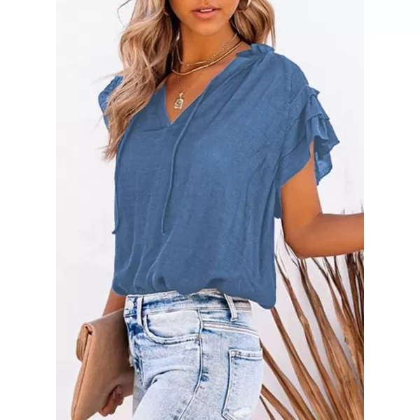 Dokotoo Women's Casual V Neck Tops Drawstring Short Sleeve T Shirt Blouses