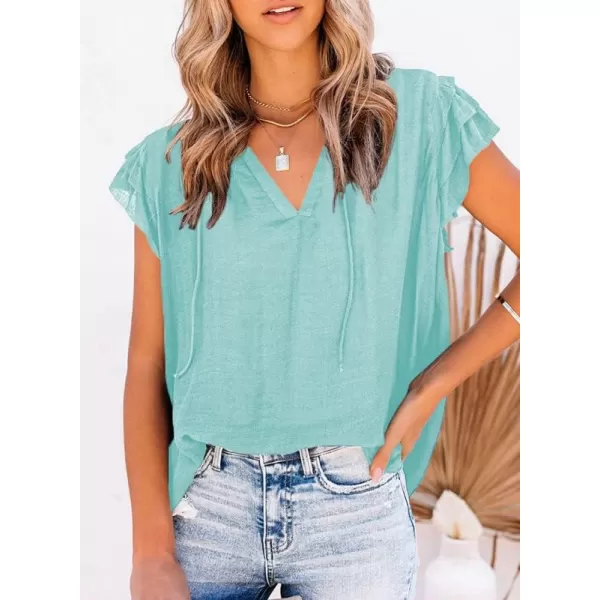 Dokotoo Women's Casual V Neck Tops Drawstring Short Sleeve T Shirt Blouses