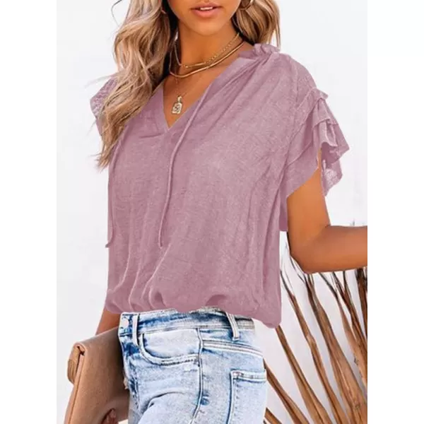 Dokotoo Women's Casual V Neck Tops Drawstring Short Sleeve T Shirt Blouses